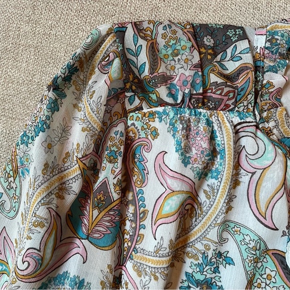 Loft Long Sleeve Blue White Pink Paisley Tie Neck Ruffle Boho Lined Blouse Top - Picture 6 of 10